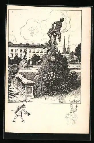 Künstler-AK Ulf Seidl: Salzburg, Mirabellgarten mit Statuen, Rokoko-Figuren