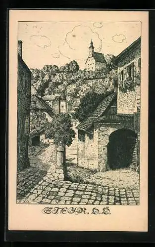 Künstler-AK Ulf Seidl: Steyr, Teilansicht