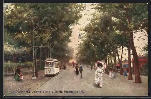 AK Venezia, Strassenbahn, Lido, Gran Viale Vittorio Emanuele III.