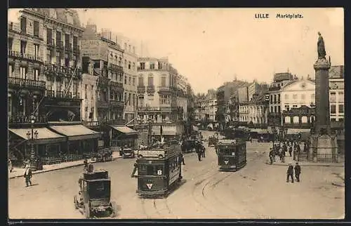 AK Lille, La Grand`Place, la Deesse et les Cafes, Strassenbahn