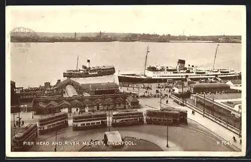 AK Liverpool, Pier Head an River Mersey, Strassenbahnen am Hafen