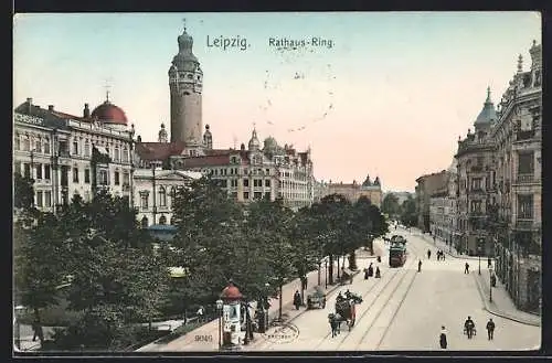 AK Leipzig, Strassenbahn auf dem Rathaus-Ring