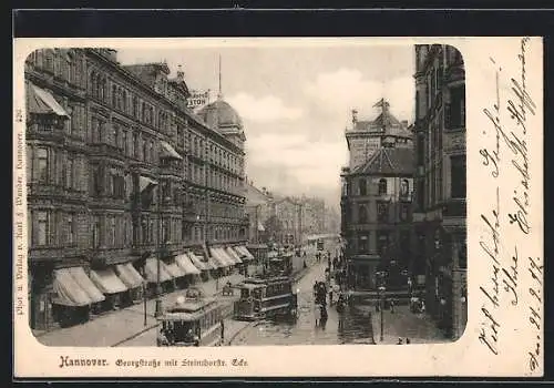 AK Hannover, Georgstrasse Ecke Steinthorstrasse, Strassenbahnen