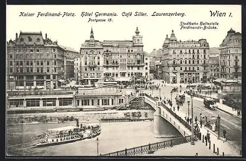 AK Wien, Kaiser Ferdinand-Platz mit Hotel Germania und Cafe Siller, Strassenbahnen & Kutschen