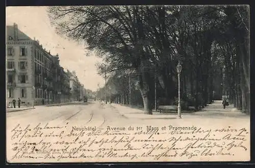 AK Neuchatel, Strassenbahn in der Avenue du 1. Mars et Promenade