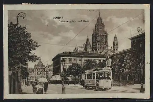 AK Mainz, Strassenbahn am Gutenbergplatz
