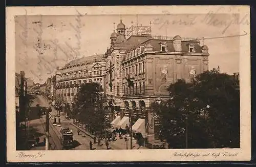 AK Plauen i. V., Bahnhofstrasse mit Cafe Trömel, Strassenbahn