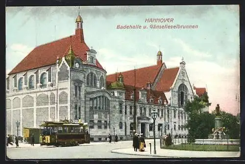 AK Hannover, Strassenbahn vor der Badehalle