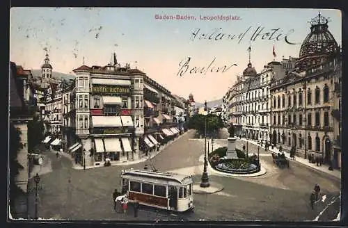 AK Baden-Baden, Hotel Victoria am Leopoldsplatz, Strassenbahn