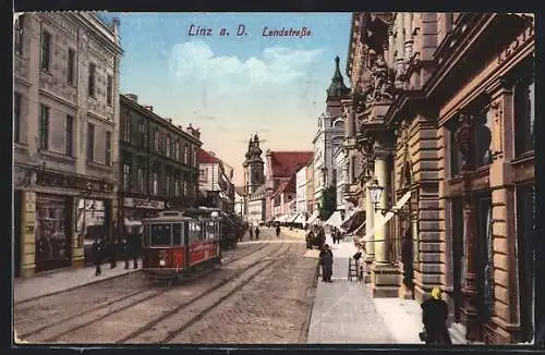 AK Linz a. D., Strassenbahn auf der Landstrasse