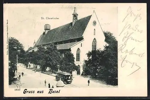 AK Basel, Strassenbahn passiert die St. Clarakirche