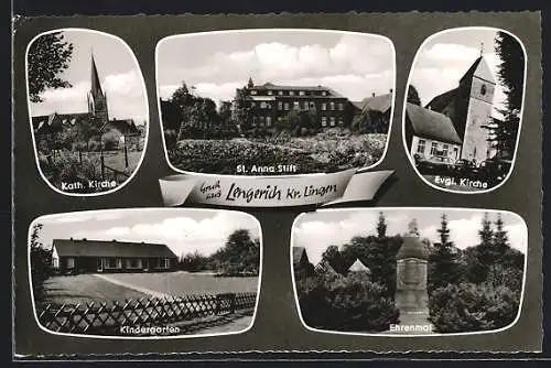 AK Lengerich /Kr. Lingen, Kindergarten, Kath. und Evgl. Kirche, Ehrenmal