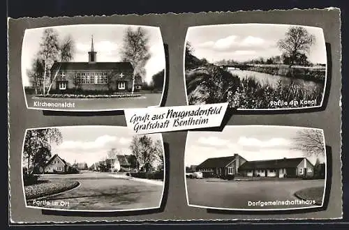 AK Neugnadenfeld-Bentheim, Kirchenansicht, Dorfgemeinschaftshaus, Partie am Kanal