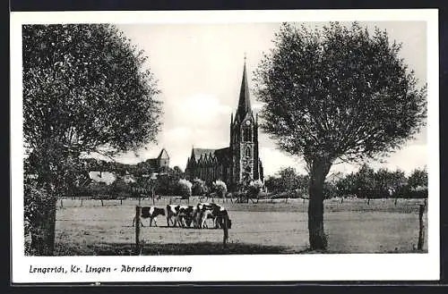 AK Lengerich /Kr. Lingen, Weidende Kühe, im Hintergrund die Kirche