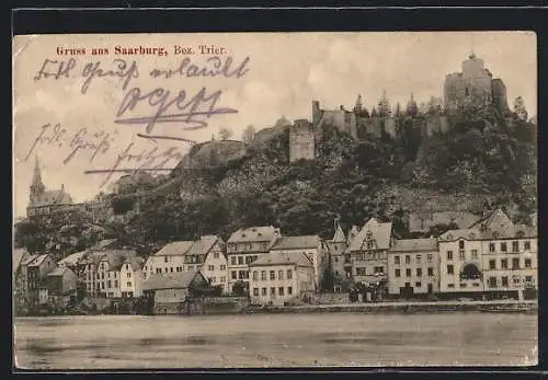 AK Saarburg /Bez. Trier, Panorama mit Kirche und Burg