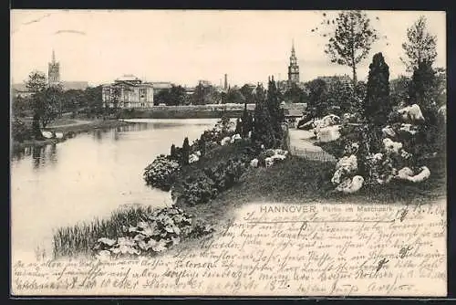 AK Hannover, Partie im Maschpark, Turm der Marktkirche