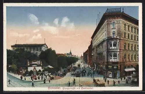 AK Hannover, Georgstrasse mit Cafe Kröpcke und Continental, Strassenbahn