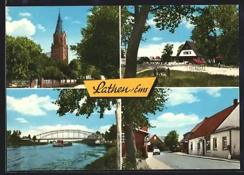 AK Lathen /Ems, Strassenpartie, Kirche, Spielplatz, Brücke
