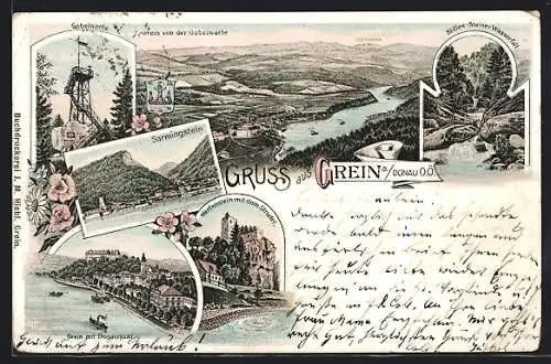 Lithographie Grein a. Donau, Sarmingstein, Gobelwarte, Werfenstein mit em Strudel