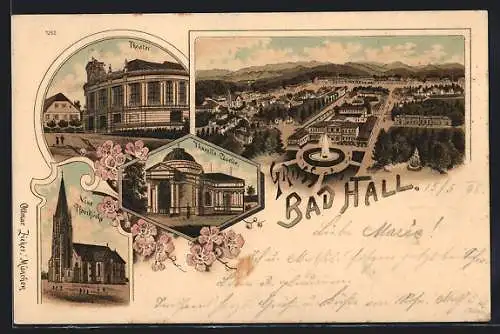 Lithographie Bad Hall, Gesamtansicht aus der Vogelschau, Theater, Tassilo-Quelle, neue Pfarrkirche