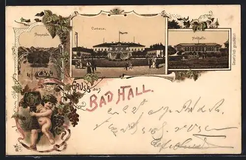 Lithographie Bad Hall, Curhaus, Trinkhalle, Promenade aus der Vogelschau