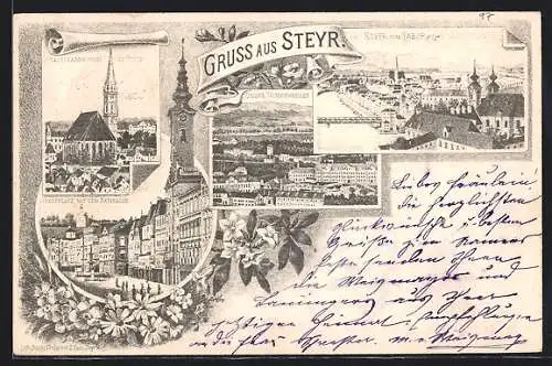 Lithographie Steyr, Oesterr. Waffenfabrik, Stadtplatz mit Rathaus, Ortsansicht vom Tabor aus