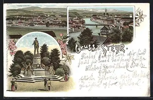 Lithographie Steyr, Josef Werndl-Denkmal, Österreichische Waffenfabrik, Panorama
