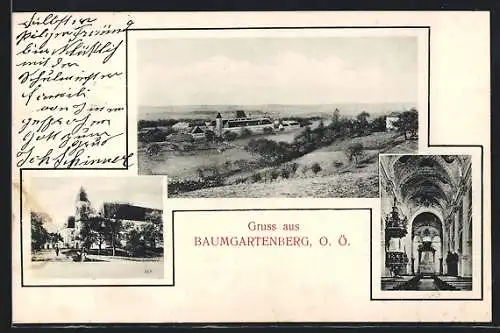 AK Baumgartenberg /O. Ö., Kirchenpartie, Innenansicht der Kirche, Ortsansicht von einem Feld aus