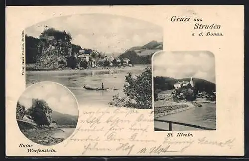 AK Struden a. d. Donau, St. Nicola vom Wasser aus, Ruine Werfenstein, Ortsansicht mit Donau