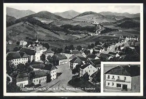 Künstler-AK Kollerschlag /Ob.-Öst., Gemischtwarenhandlung R. Rampetsreiter, Ortsansicht mit Hauptstrasse und Bergen