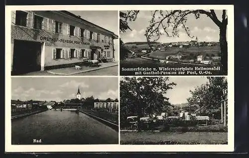 AK Hellmonsödt /O. Oe., Gasthof-Pension zur Post F. R. Weiss, Bad mit Kirchenblick, Gesamtansicht mit Landstrasse