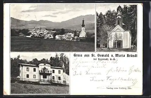 AK St. Oswald b. Freistadt, Totalansicht, Kirche Maria Bründl und Kurhaus