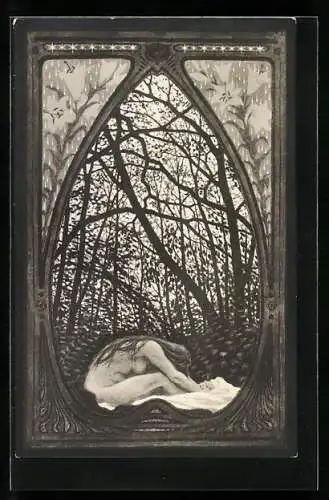 Künstler-AK Fidus: Dämmerwellen, nackte Frau im Wald