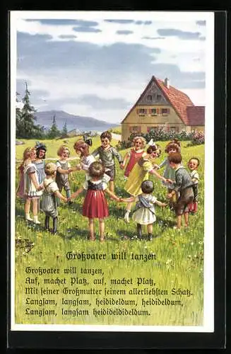 Künstler-AK A. Thiele: Grossvater will tanzen, Kinder auf einer Wiese