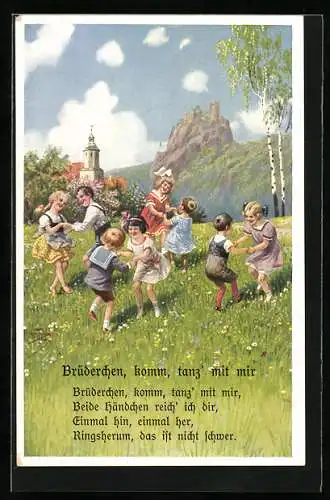 Künstler-AK A. Thiele: Brüderchen, komm tanz mit mir, Mädchen und Jungen tanzen auf einer Wiese