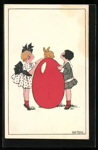Künstler-AK Anny Tekauz: Zwei Kinder mit Osterei und Osterhasen