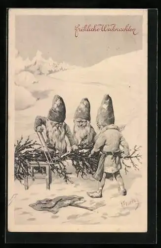 Künstler-AK Karl Feiertag: Zwerge fällen Weihnachtsbäume im Schnee