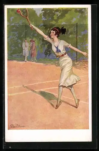 Künstler-AK Plantikow: Frau spielt Tennis