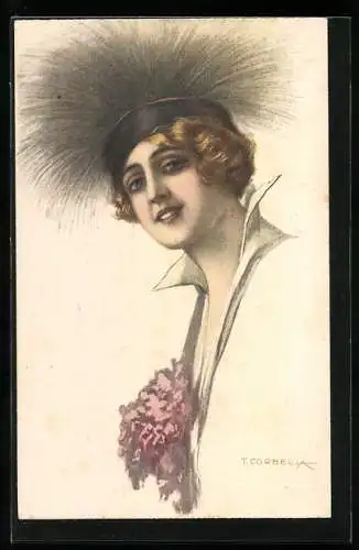 Künstler-AK Tito Corbella: Junge Dame mit Federhut und Blumen