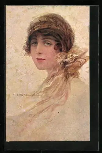 Künstler-AK Tito Corbella: Frau mit gestreiftem Kopftuch im Portrait