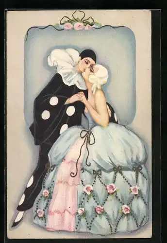 AK Harlekin küsst seine Geliebte