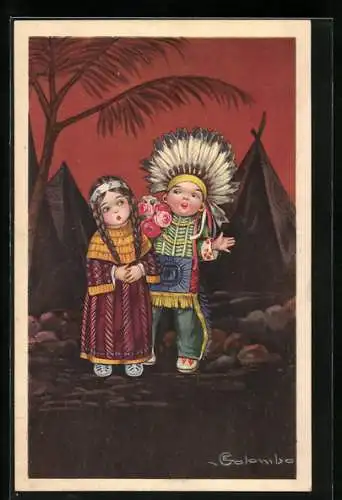 Künstler-AK E.Colombo: zwei Kinder als Indianer verkleidet, Rosen