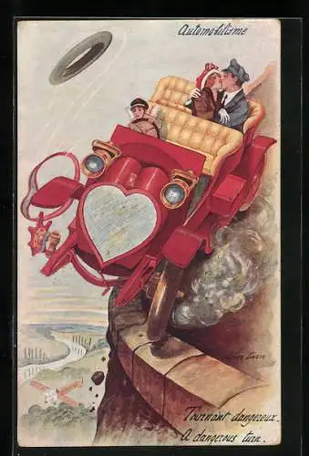 Künstler-AK Xavier Sager: A dangerous turn, Liebespaar im Auto fährt von Klippe