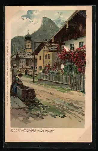 Künstler-Lithographie Zeno Diemer: Oberammergau, Partie im Oberdorf mit Brunnen