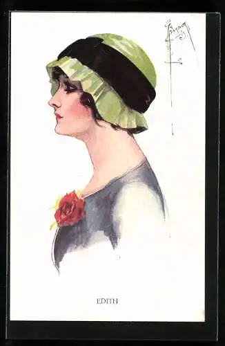 Künstler-AK Court Barber: Edith mit grünem Hut im Profil
