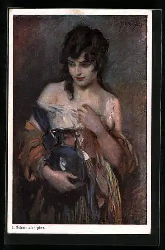 Künstler-AK Leopold Schmutzler: Junge Frau hält eine Vase