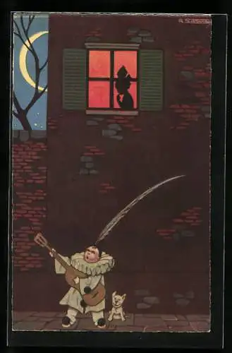 Künstler-AK Roberto Sgrilli: Harlekin-Junge singt nachts unter einem Fenster