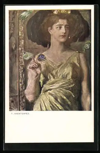 Künstler-AK Teodor Axentowicz: Dame in grünem Kleid vor goldener Wand