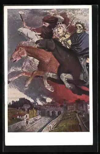 Künstler-AK Arnold Böcklin: Die vier apokalyptischen Reiter über einer brennenden Stadt