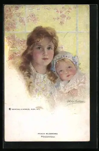 Künstler-AK Philip Boileau: Pfirsichblüten, Mädchen mit kleiner Schwester